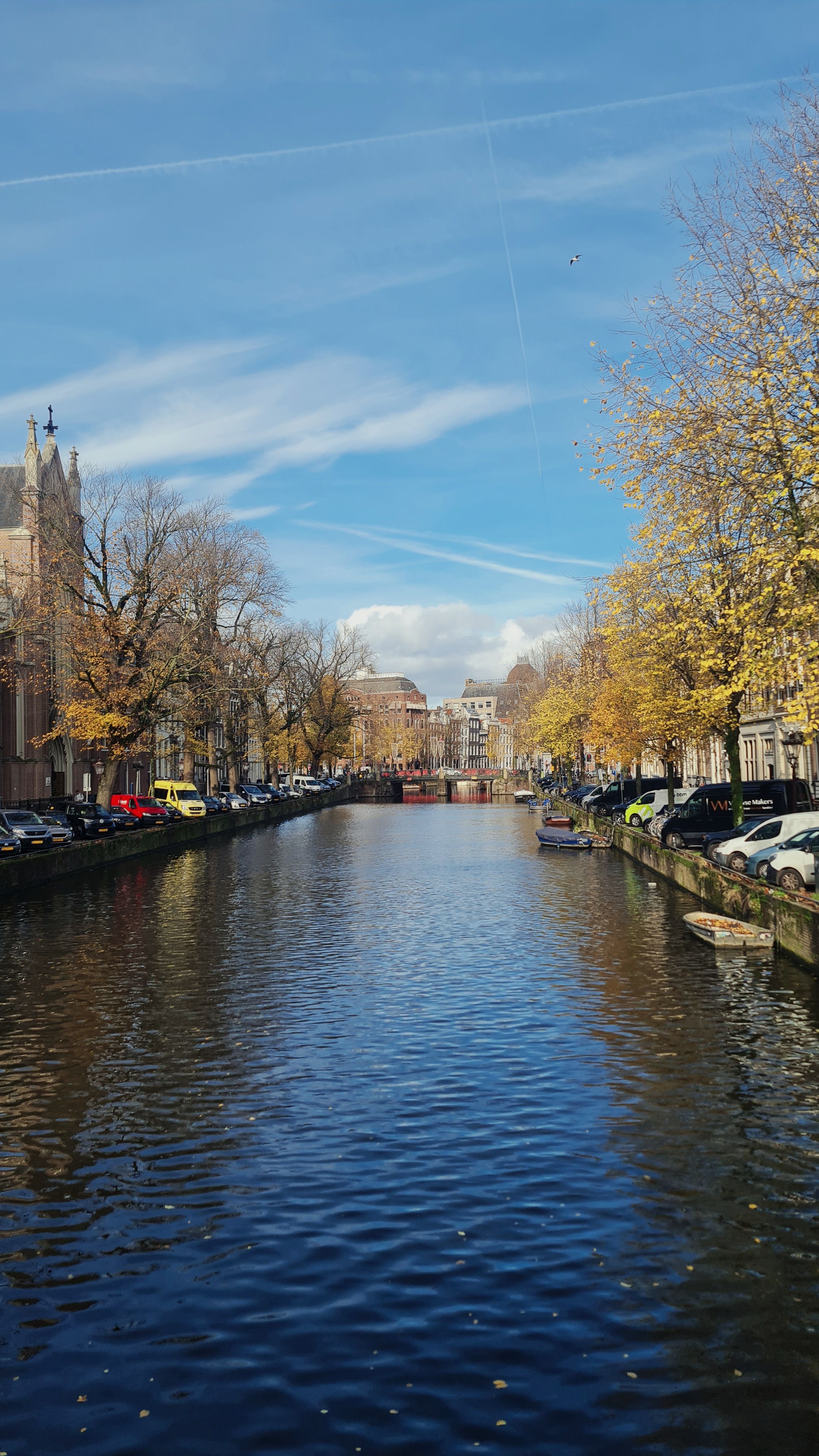 A long straight canal with rippling dark water under a bright blue sky, bordered by yellow autumn trees, Amsterdam