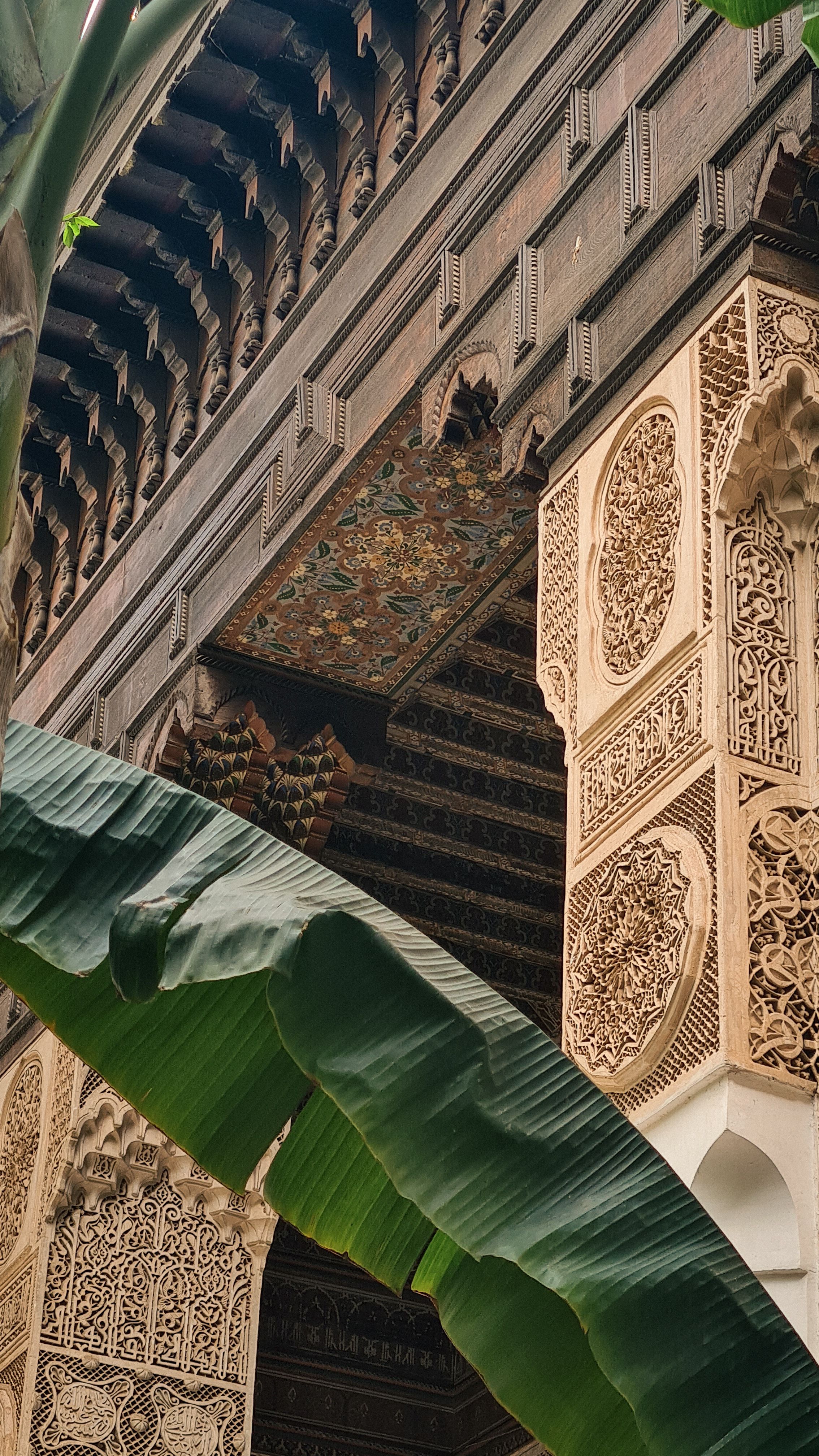 Carved cedar beams and ornate stucco columns seen past a banana leaf in a courtyard, Marrakech