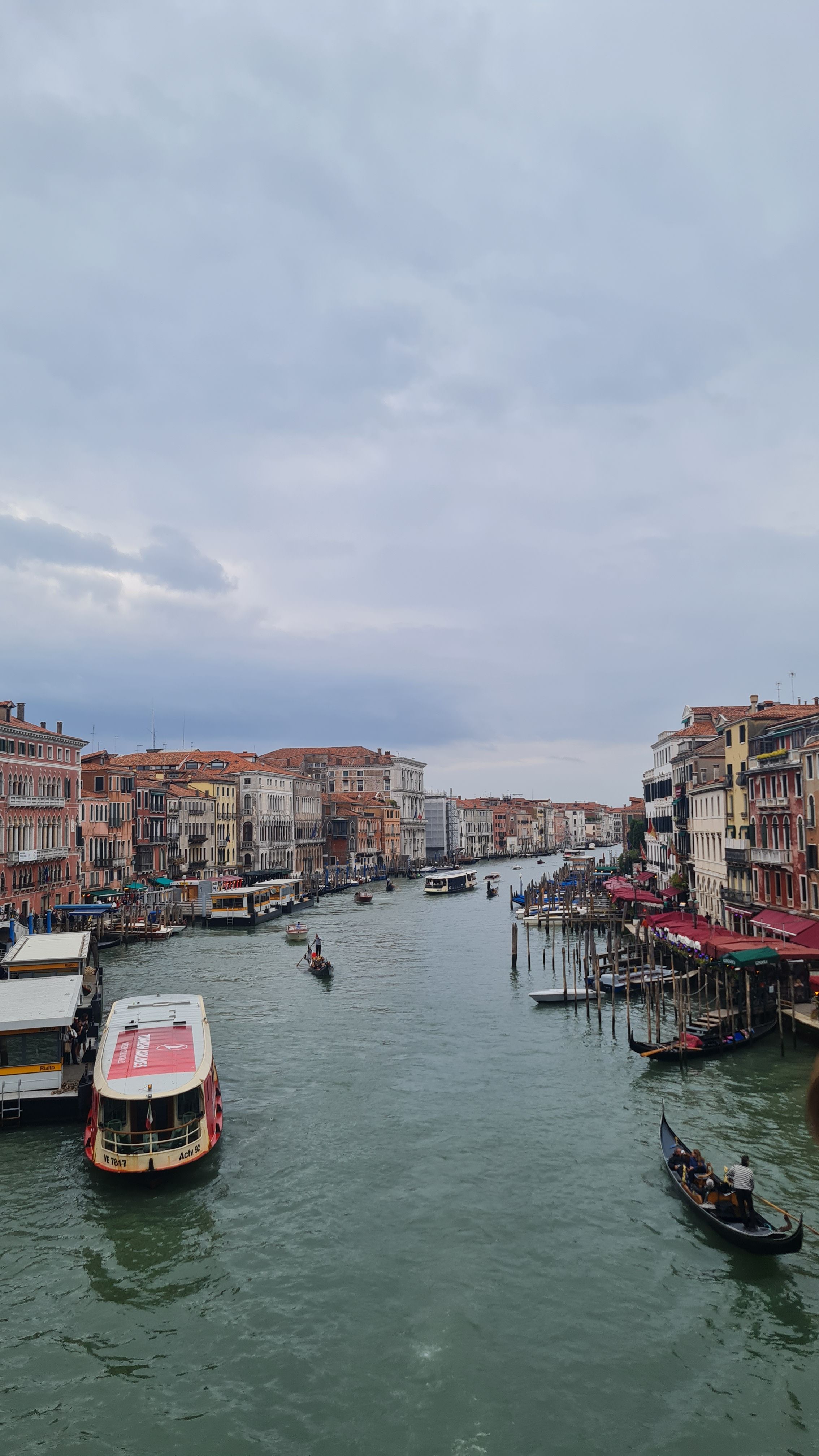The Grand Canal lined with palaces, with a vaporetto and gondolas on the water, seen from the Rialto Bridge, Venice