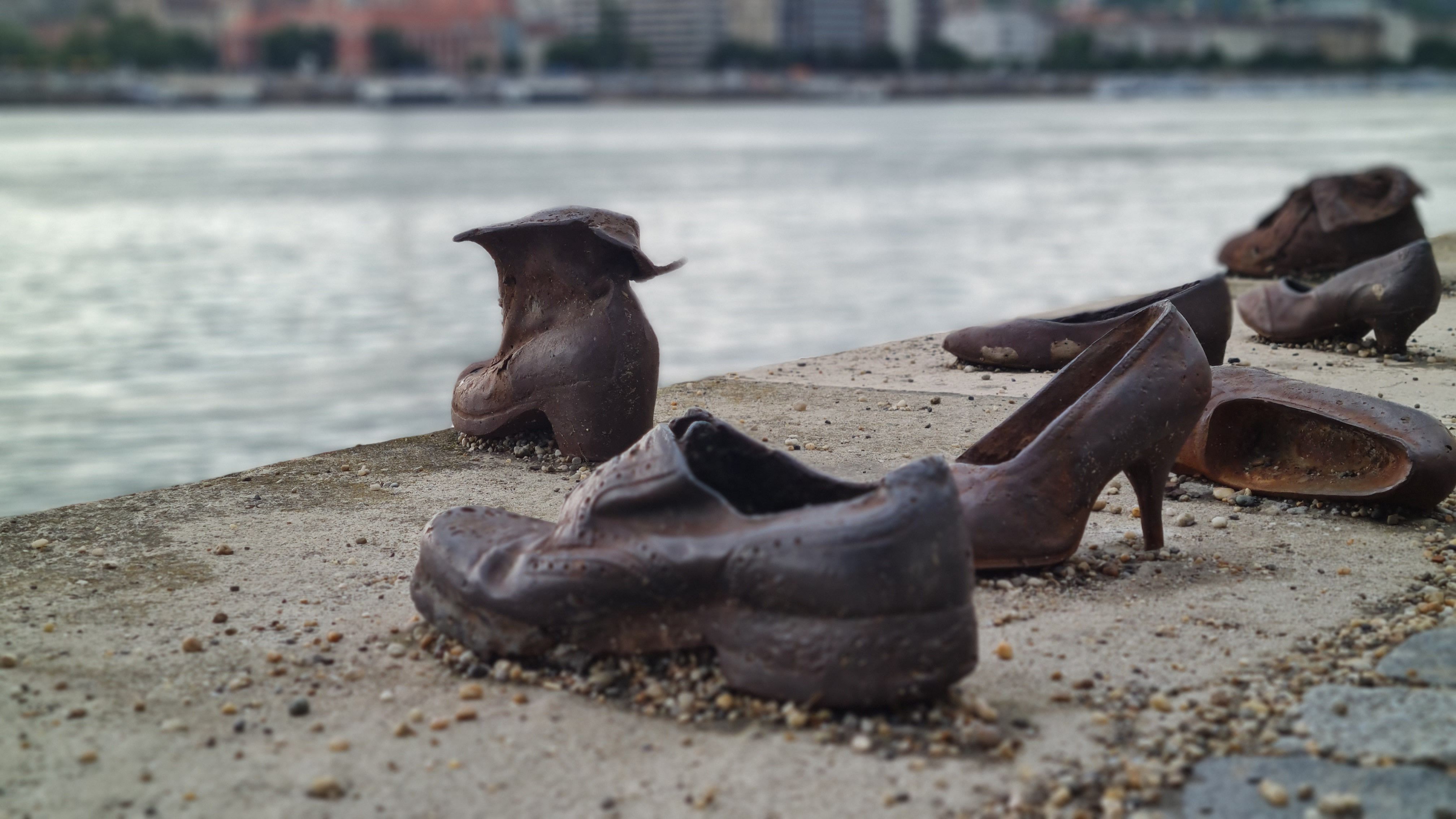 Close-up of the iron shoe sculptures at the Shoes on the Danube Bank memorial, Budapest