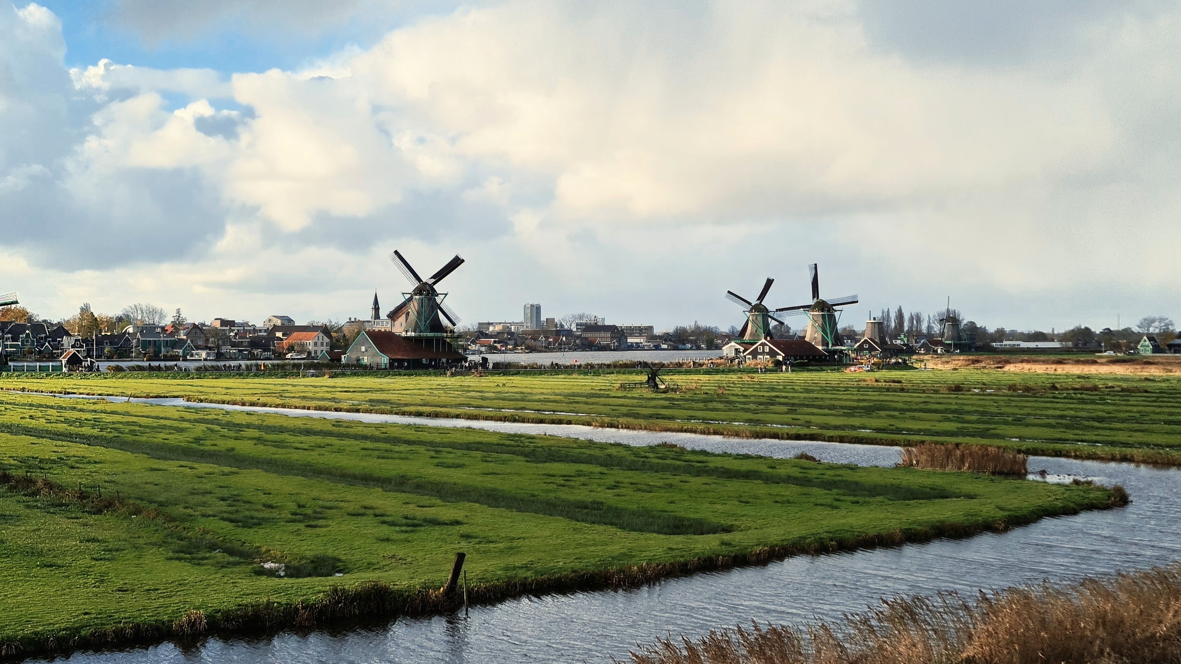 Several windmills standing along a river beyond green polder fields and winding canals, Zaanse Schans